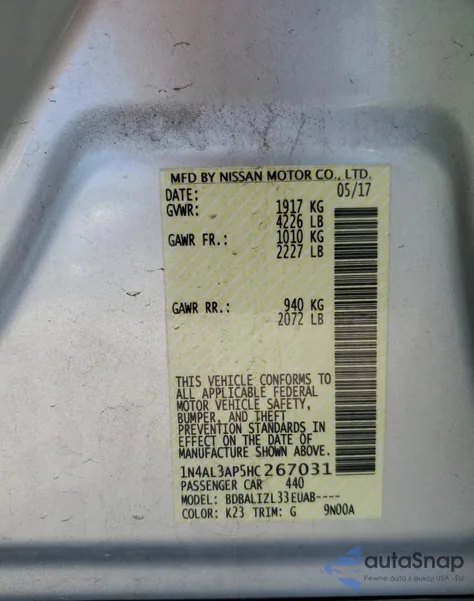 2017 Nissan Altima 2.5 z USA, uszkodzony, nr VIN 1N4AL3AP5HC267031